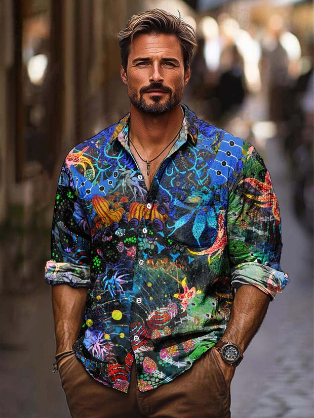 Men's Sea Life Fashion Print Loose Long Sleeve Shirt