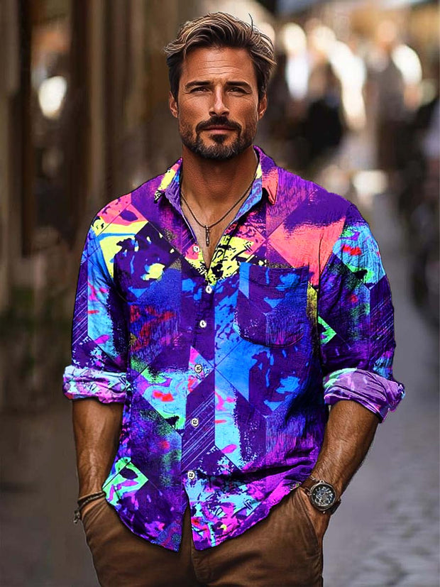 Men's abstract art fashion print loose long-sleeved shirt