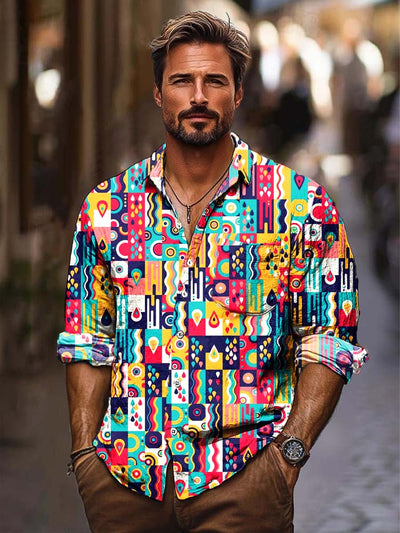 Men's colorful abstract art pattern fashion print loose long-sleeved shirt