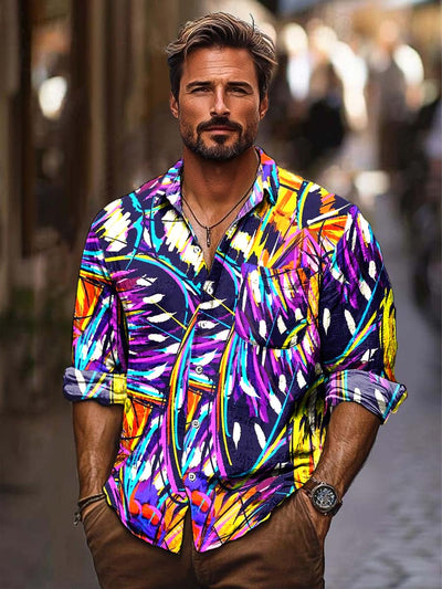 Men's fashion abstract print loose long-sleeved shirt