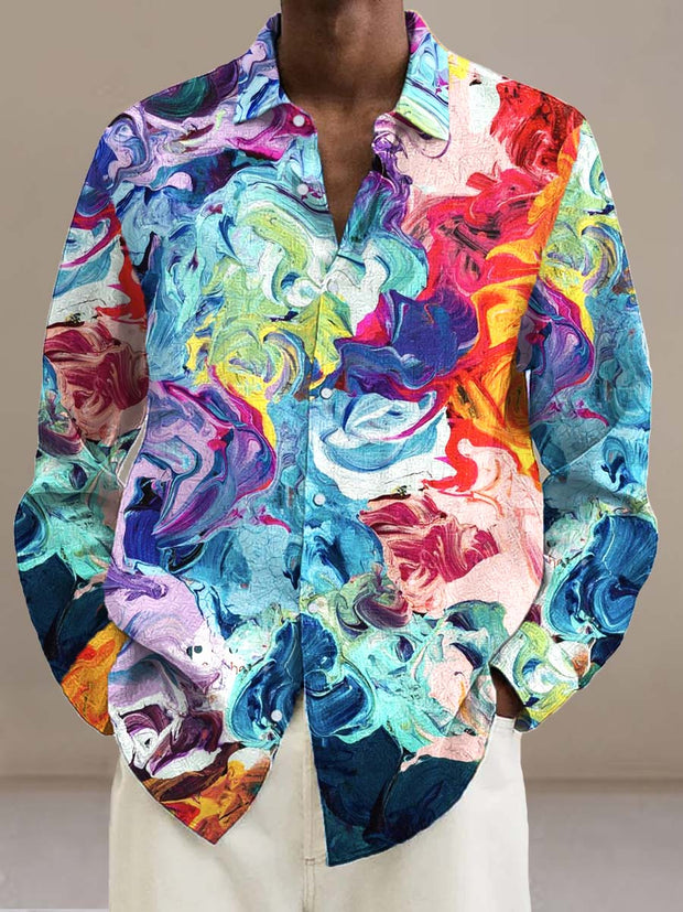 Men's color oil painting fashion print casual loose sleeve shirt