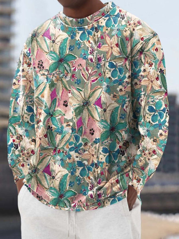 Men's classic floral fashion print casual loose long-sleeved crewneck sweatshirt