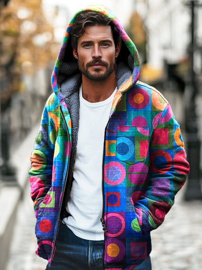 Gentleman Multicolor Geometric Printed Plush Padded Hooded Zipper Jacket