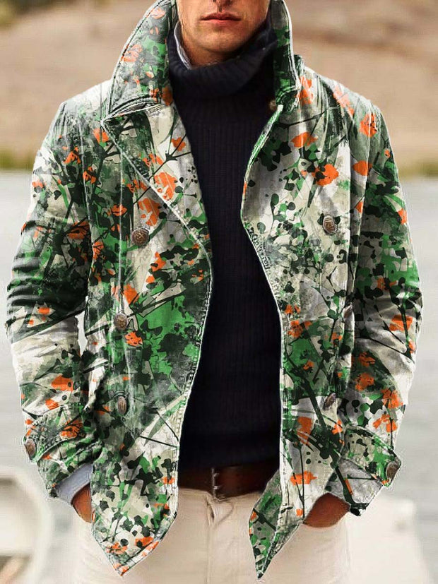 Men's classic versatile floral fashion print loose long sleeve double-breasted jacket