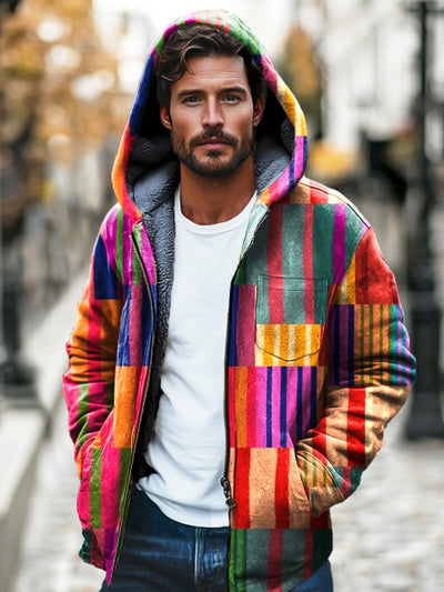 Gentleman Multicolor Line Printed Plush Thickened Hooded Zipper Jacket