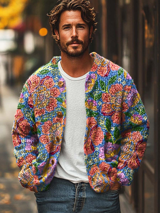 Men's colorful floral fashion print loose long-sleeved sweater jacket