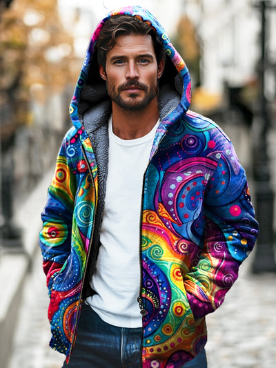 Gentleman Undersea Creature Printed Plush Thickened Hooded Zipper Jacket