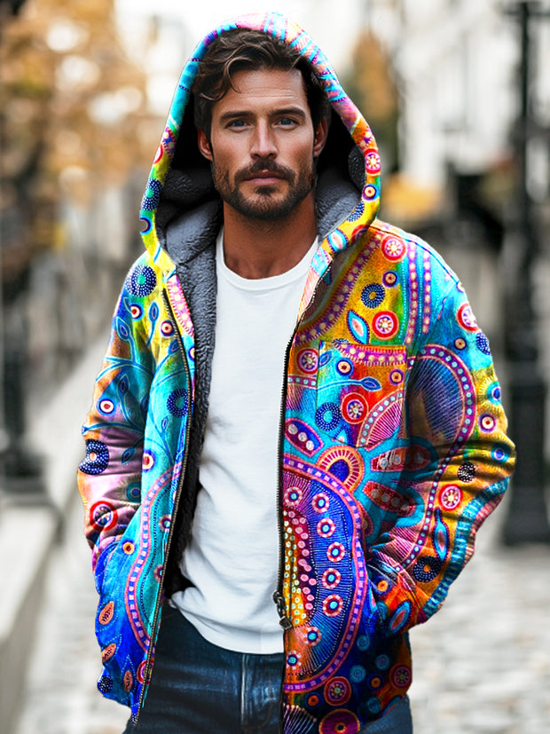 Gentleman Abstract Colorful Printed Plush Thickened Hooded Zipper Jacket