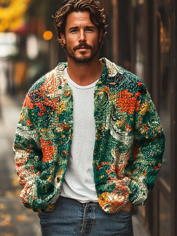 Men's trendy versatile fashion print loose long-sleeved sweater jacket