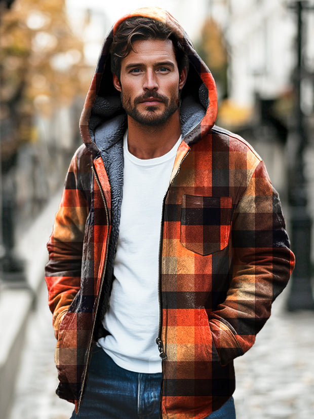 Gentleman Abstract Plaid Print Plush Thickened Hooded Zipper Jacket