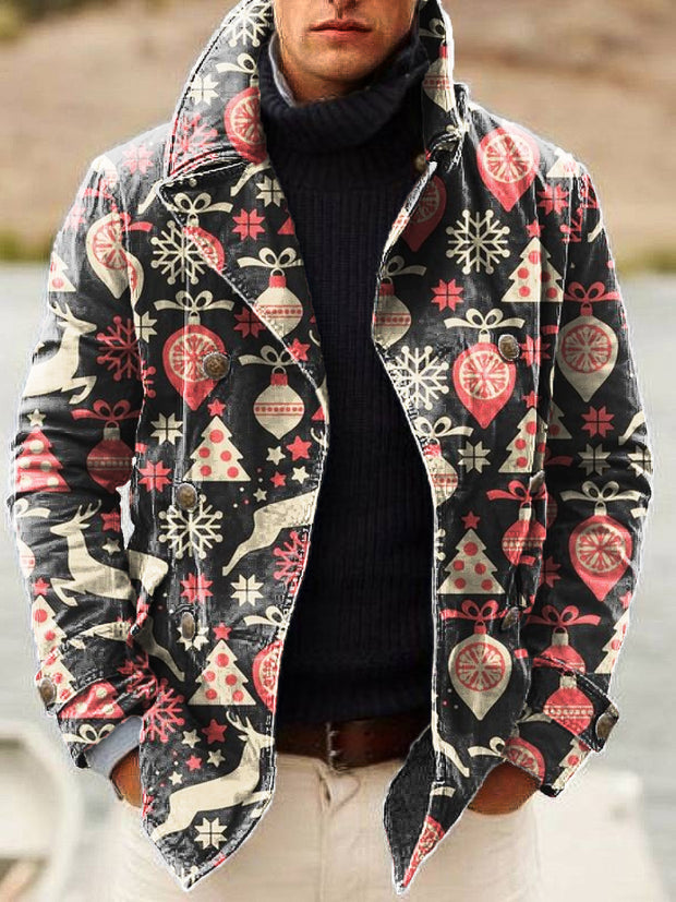 Gentleman Vintage Christmas Elk Art Print Lapel Double Breasted Jacket