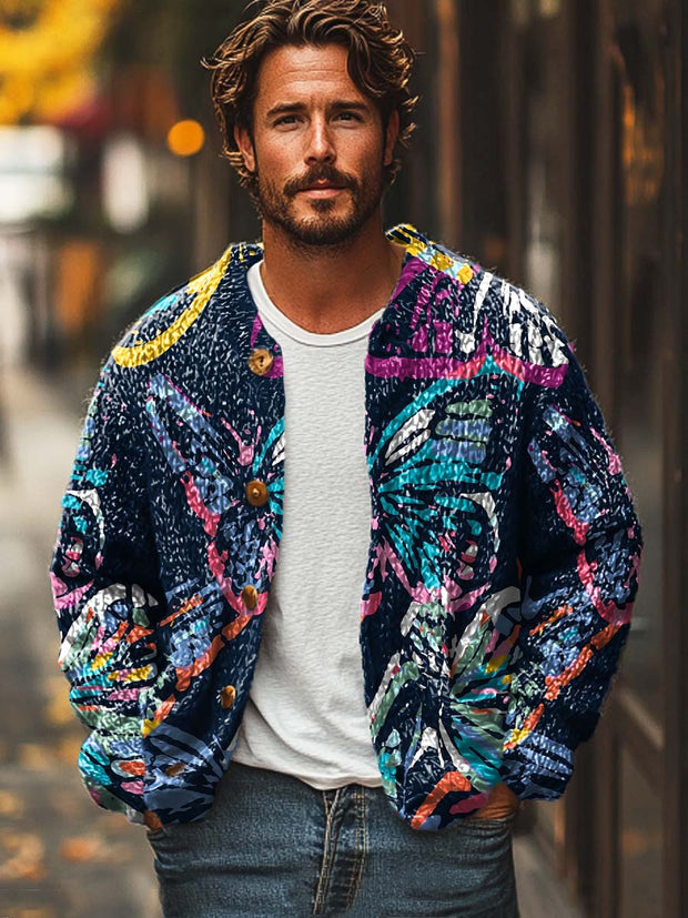 Men's colorful butterfly fashion print loose long-sleeved sweater jacket