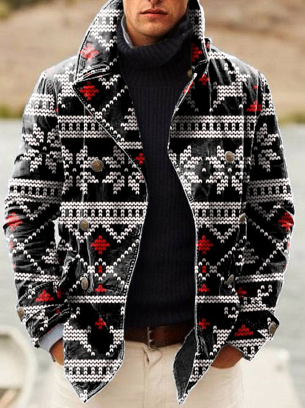 Gentleman Vintage Christmas Snowflake Art Print Lapel Double Breasted Jacket