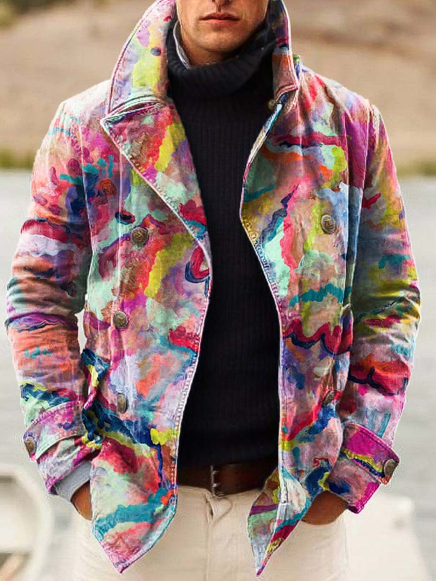 Men's multicolor smudge pattern, fashion print, loose long-sleeved double-breasted jacket