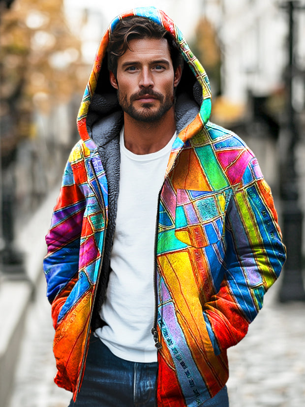 Gentleman Abstract Rainbow Color Irregular Print Plush Thickened Hooded Zipper Jacket