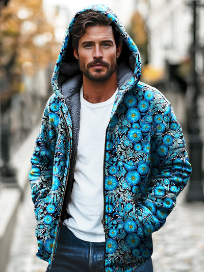 Men's Blue Floral Art Print Plush Thickened Hooded Cardigan Jacket