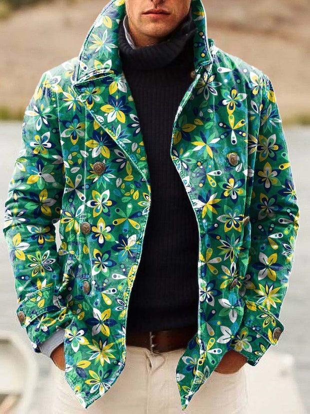 Men's Green Floral Fashion Print Loose Long Sleeve Double-Breasted Jacket