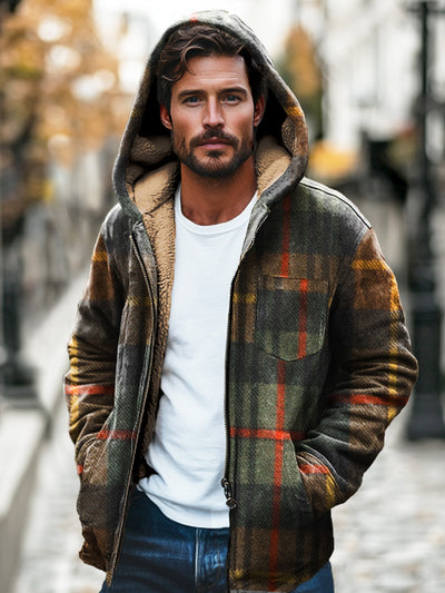 Gentleman Brown Plaid Printed Plush Thickened Hooded Zipper Jacket