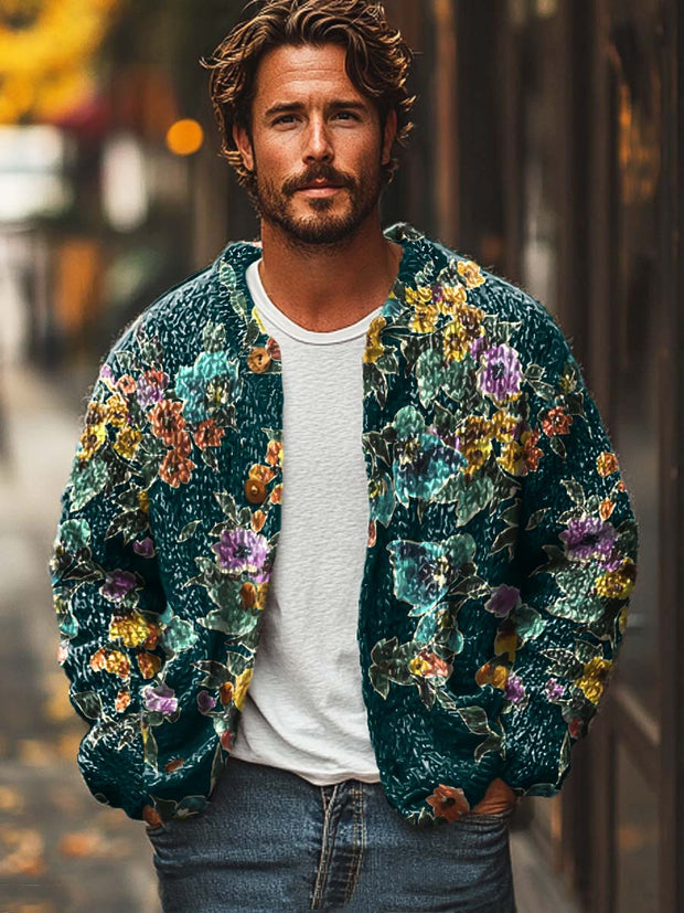 Men's classic floral fashion print loose long-sleeved sweater jacket