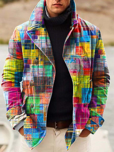 Men's Colorful Plaid Line Fashion Print Loose Long Sleeve Double-Breasted Jacket