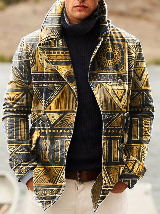 Gentleman Vintage Ethnic Geometric Art Print Lapel Double Breasted Jacket