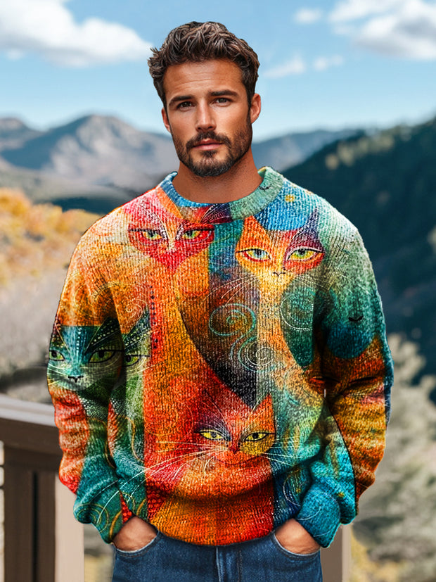 Gentleman Casual Abstract Cat Art Print Crew Neck Sweater