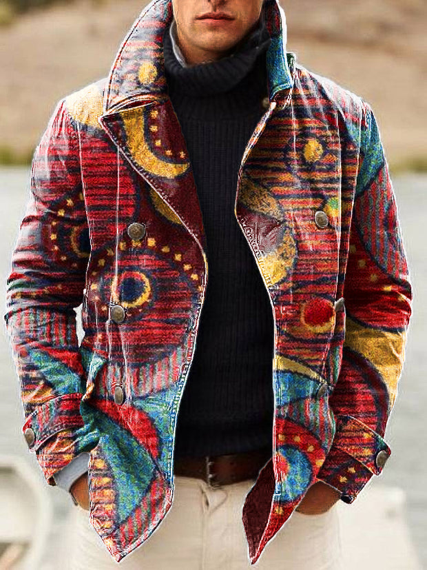 Gentleman Vintage Ethnic Multicolor Art Print Lapel Double Breasted Jacket