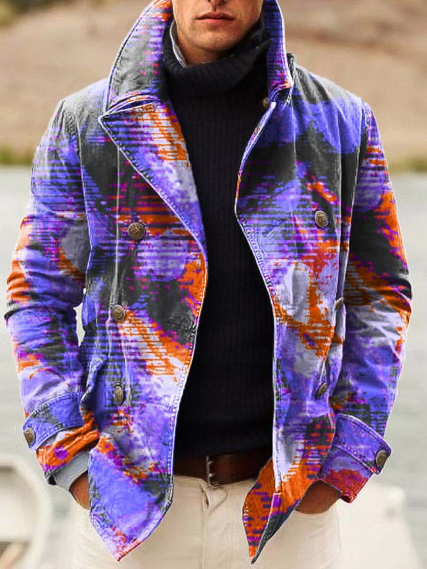 Men's classic colourful smudge print loose long-sleeved double-breasted jacket