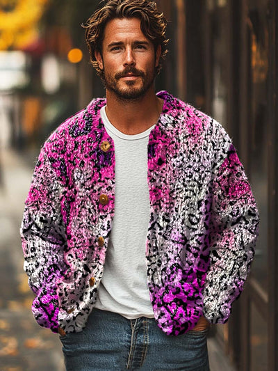 Men's colorful leopard print smudge fashion temperament digital print casual loose sweater cardigan jacket