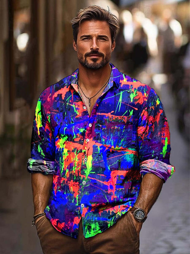 Men's abstract art fashion digital print long sleeve shirt