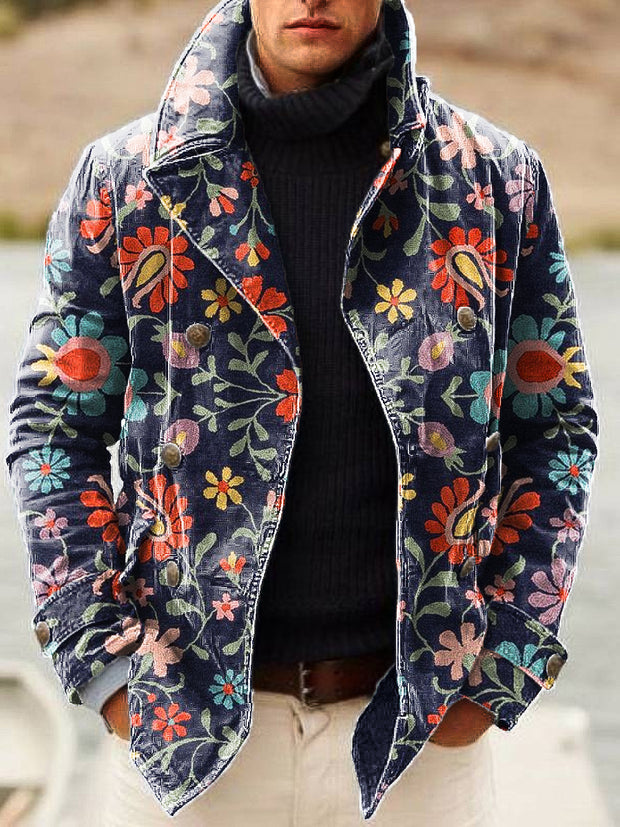 Gentleman Vintage Abstract Floral Art Print Lapel Double Breasted Jacket