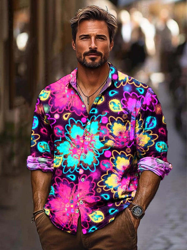 Men's Classic Floral Fashion Digital Print Long Sleeve Shirt