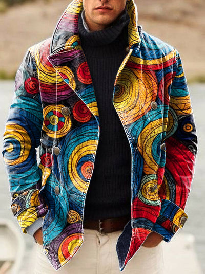 Gentleman Vintage Color Swirl Art Print Lapel Double Breasted Jacket