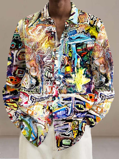 Men's fashion personality color graffiti digital print long sleeve shirt