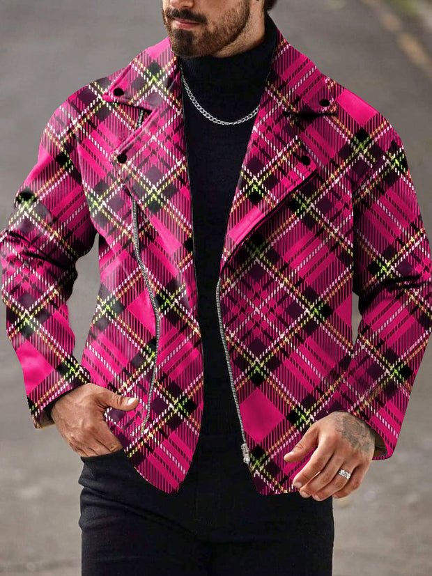 Gentleman Vintage Punk Pink Plaid Art Print Lapel Zipper Jacket