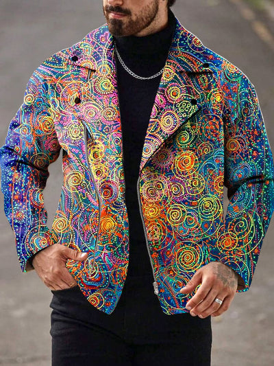 Gentleman Vintage Punk Multicolor Line Art Print Lapel Zip Jacket