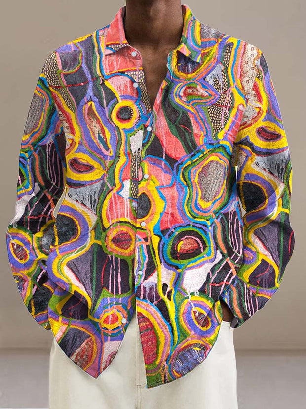 Men's abstract geometric fashion digital print long sleeve lapel shirt