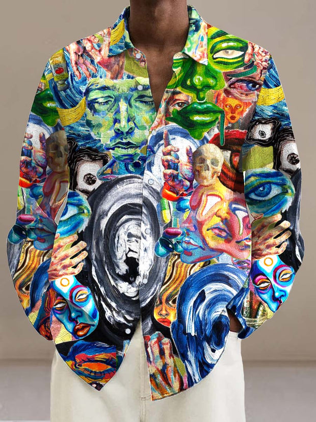 Men's Senior Abstract Graffiti Fashion Digital Print Long Sleeve Lapel Shirt