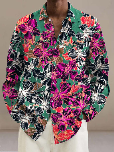 Men's Classic Floral Fashion Digital Print Long Sleeve Lapel Shirt