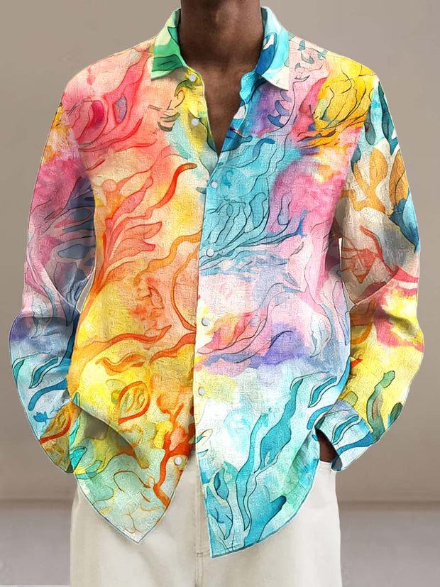 Men's beach fashion digital print long sleeve lapel shirt