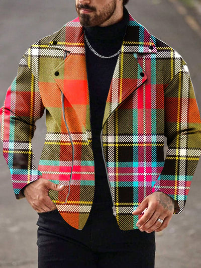 Gentleman Vintage Punk Color Plaid Art Print Lapel Zipper Jacket