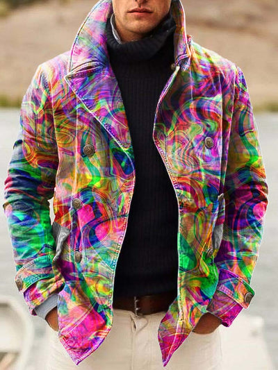 Men's handsome abstract art fashion digitally printed double-breasted jacket