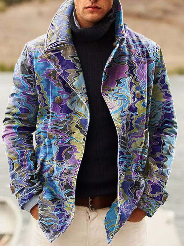 Men's temperament, abstract art, fashion, digital print, double-breasted jacket