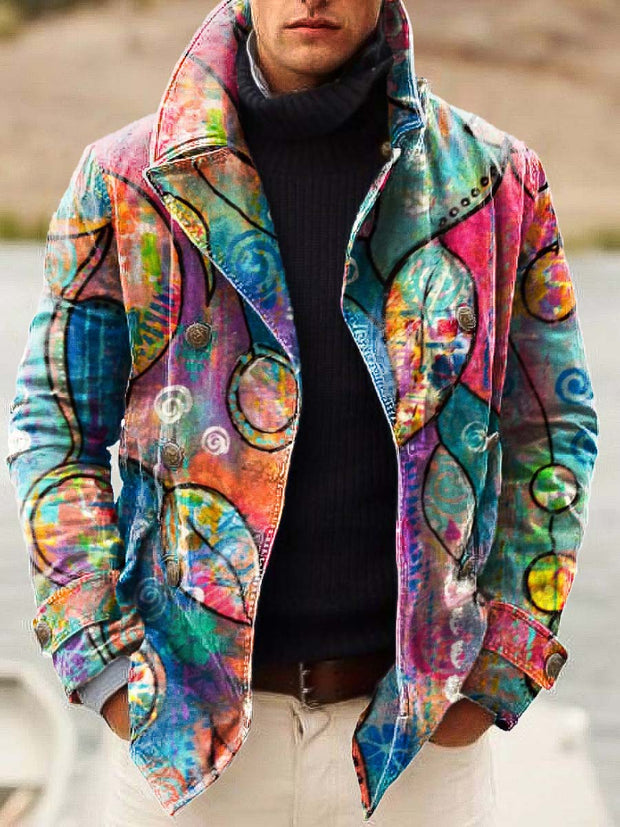 Men's bright abstract fashion digitally printed double-breasted jacket