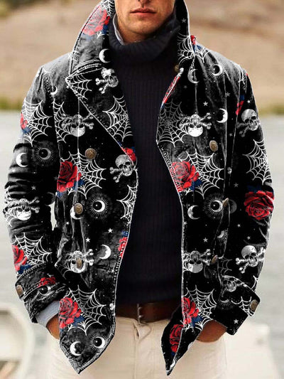 Men's Cool Skull Rose Fashion Digital Print Double-breasted Jacket