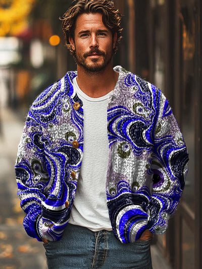 Men's abstract texture fashion digital print sweater cardigan jacket