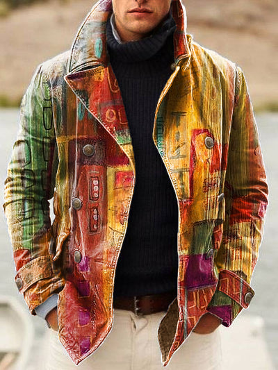 Gentleman Vintage Abstract Geometric Oil Painting Art Print Lapel Double Breasted Jacket