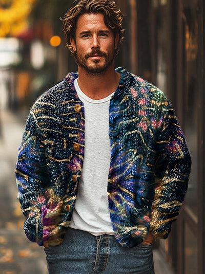 Men's abstract retro fashion art digital print sweater cardigan jacket