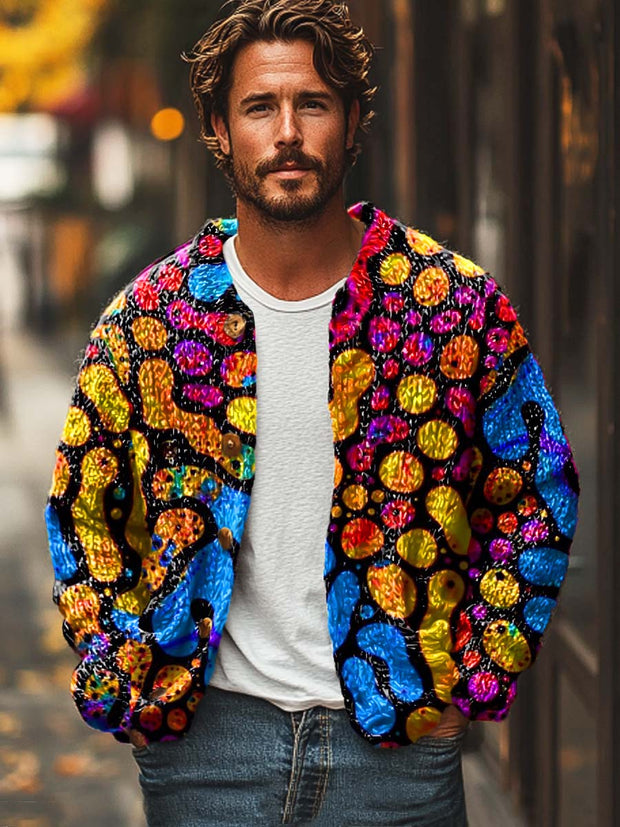 Men's abstract geometric art fashion print sweater cardigan jacket