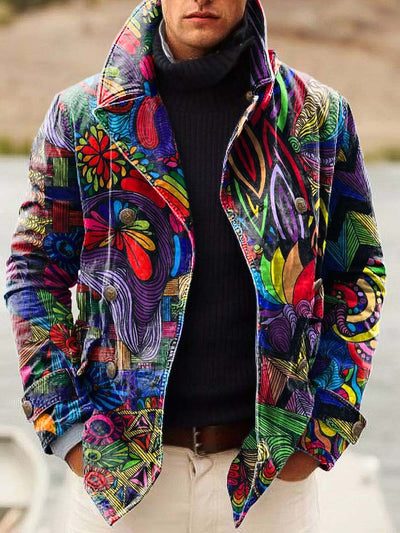 Men's cool abstract art fashion digitally printed double-breasted jacket